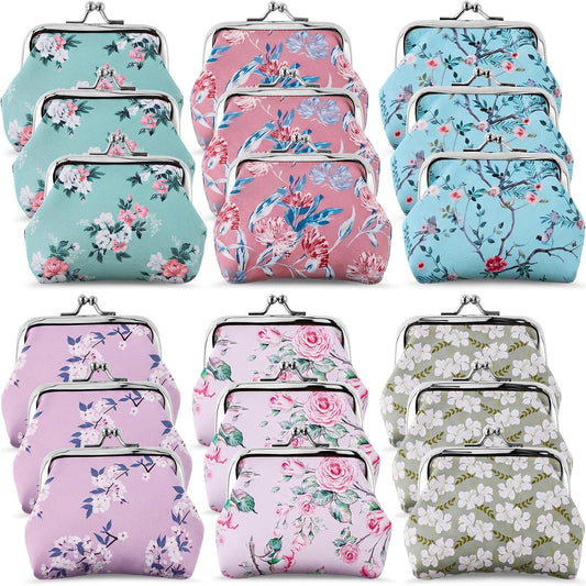 HOT18 Pack Floral Coin Purses for Women Bulk Small Vintage Coin Purse Pouches with Kiss Lock Cute Canvas Change Wallet Gifts Bulk for Mom Mother Women (Blossom)