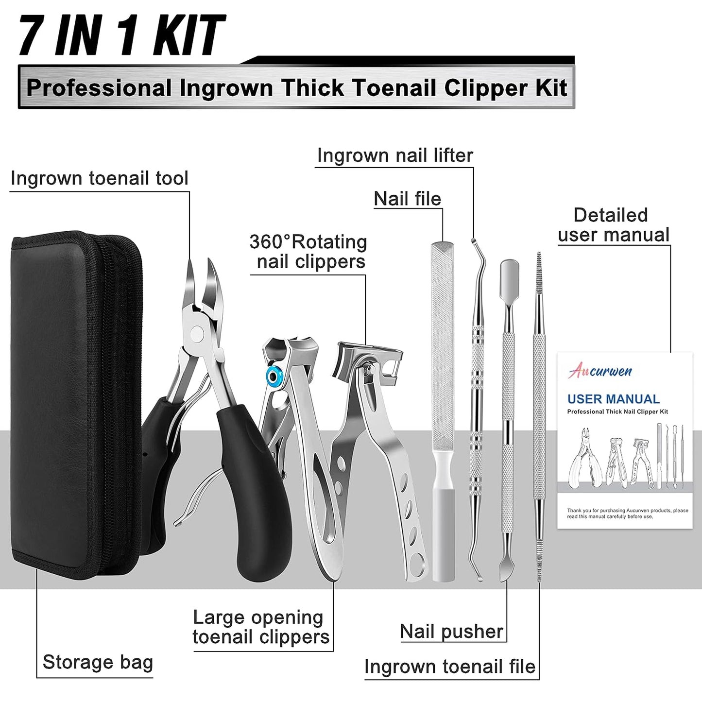 HOTToenail Clippers for Seniors Thick Toenails, Aucurwen Heavy Duty Toe Nail Clippers Adult Thick Nails Long Handle, Large Toenail Clippers for Thick Nails 7Pcs