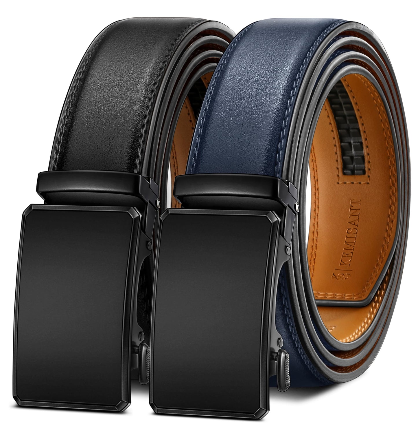 HOTKEMISANT Men's Ratchet Leather Belt 2Pack-Trimmable 1 3/8“-Gift Boxed | Smooth Sliding | Micro Adjustable Fit | Tailored Size | Holeless Understated Elegance
