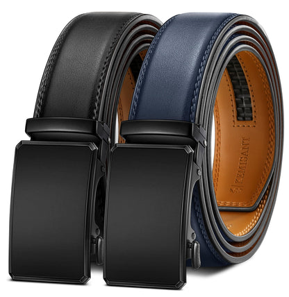 HOTKEMISANT Men's Ratchet Leather Belt 2Pack-Trimmable 1 3/8“-Gift Boxed | Smooth Sliding | Micro Adjustable Fit | Tailored Size | Holeless Understated Elegance