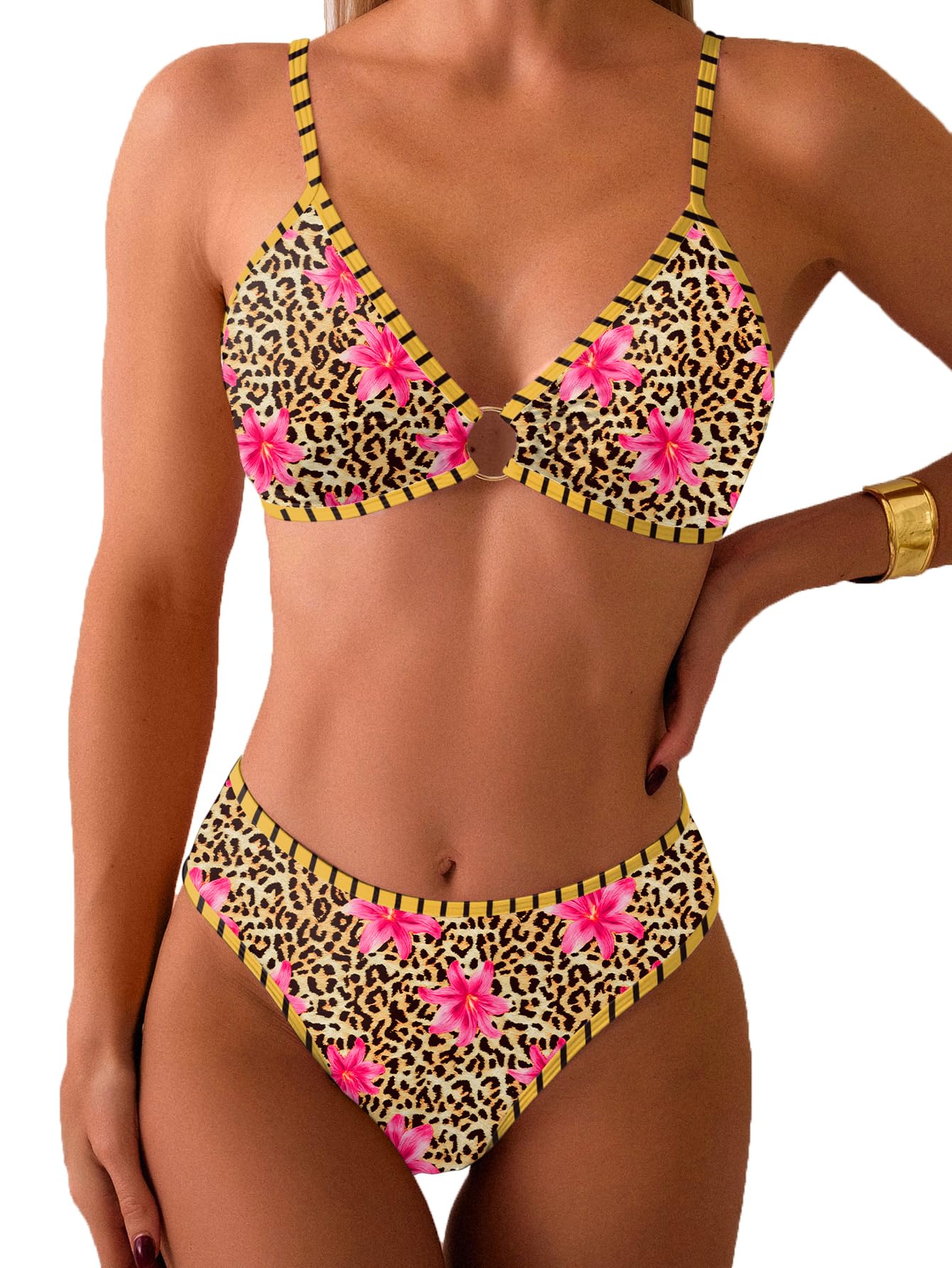 HOTTainehs Women's Two Piece Bikini Sets O Ring Front Top Ditsy Floral Triangle Swimsuits Cheeky Bathing Suit