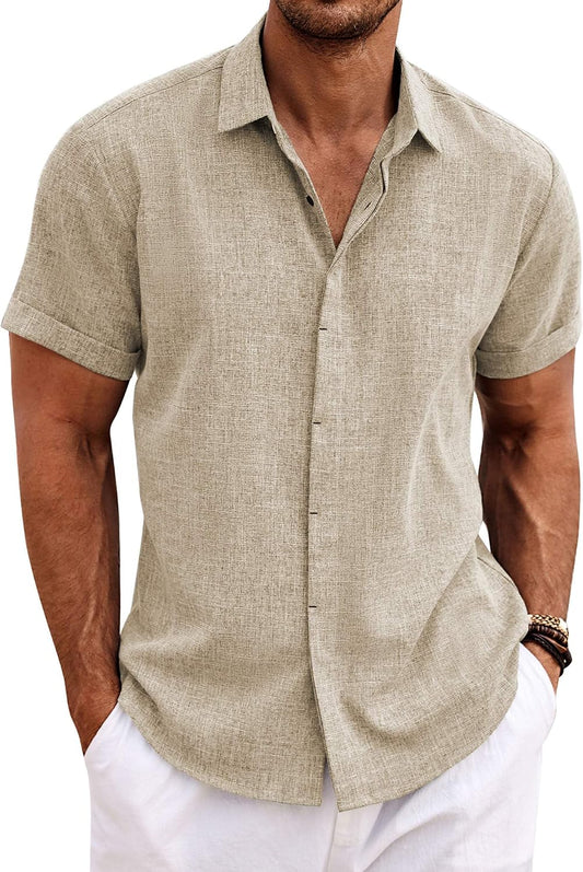 HOTCOOFANDY Men's Linen Shirts Short Sleeve Casual Shirts Button Down Shirt for Men Beach Summer Wedding Shirt