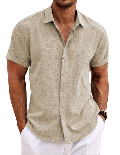 HOTCOOFANDY Men's Linen Shirts Short Sleeve Casual Shirts Button Down Shirt for Men Beach Summer Wedding Shirt
