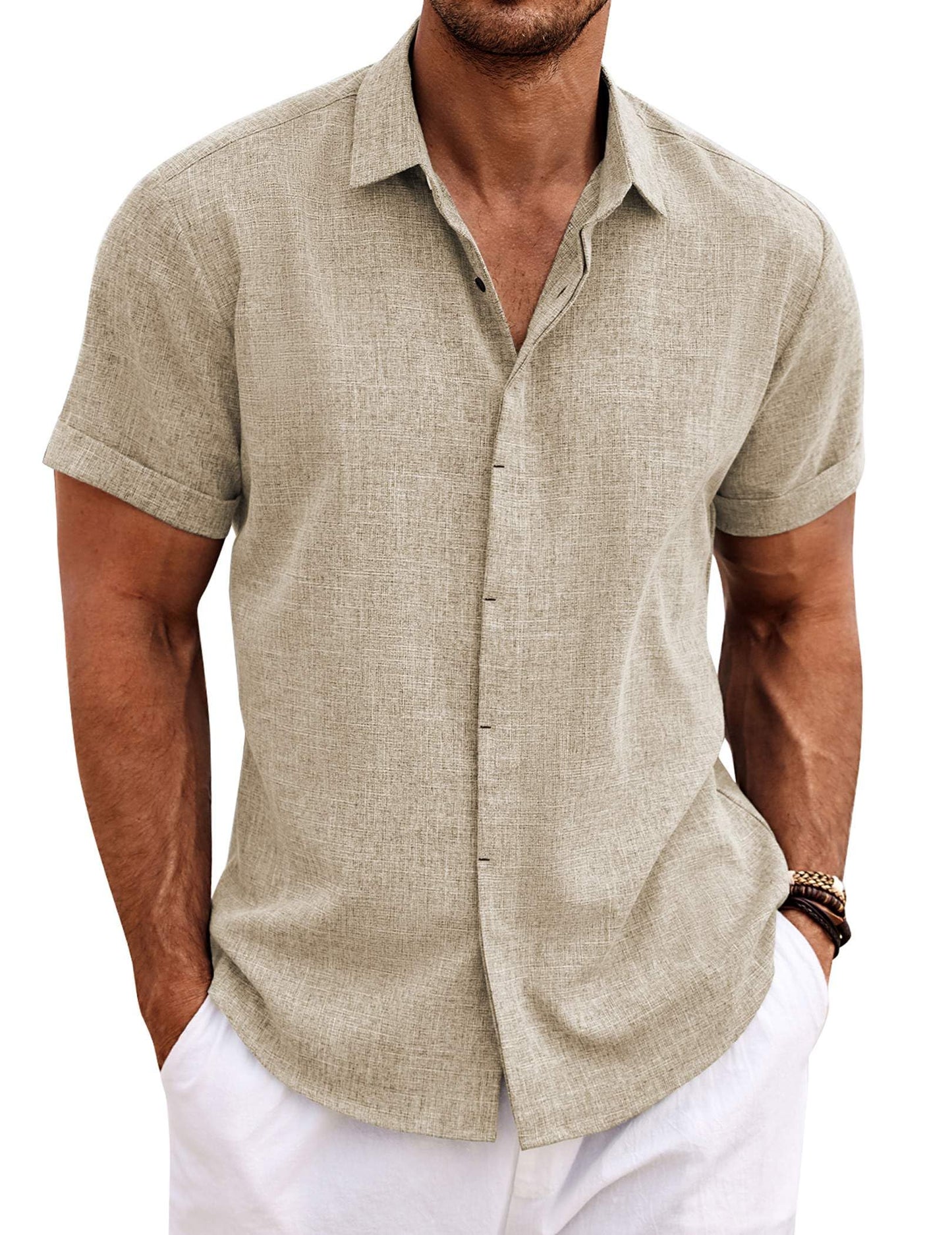 HOTCOOFANDY Men's Linen Shirts Short Sleeve Casual Shirts Button Down Shirt for Men Beach Summer Wedding Shirt