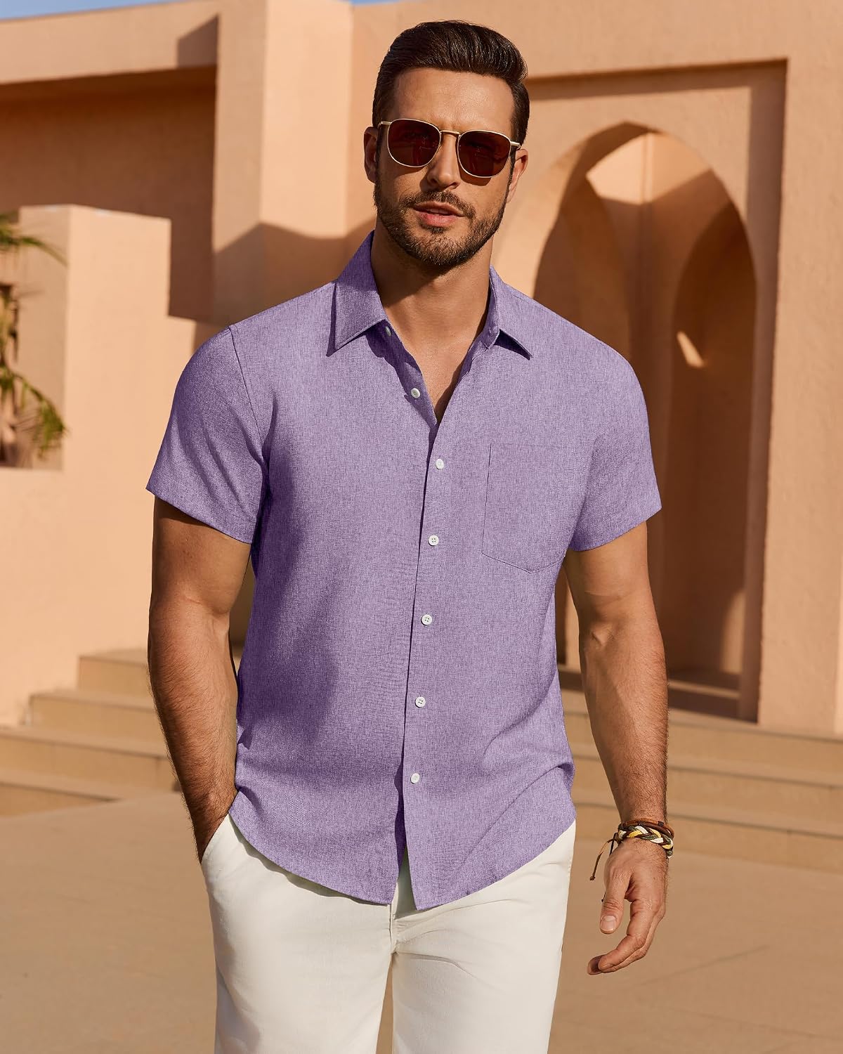 HOTMens Linen Shirt Short Sleeve Wrinkle Free Casual Untucked Button Down Shirts Beach Breathable Tops Summer