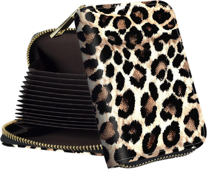 HOTWomens Card Wallet with Zipper, RFID Blocking Small Credit Card Holder Case, PU Leather Accordion Card Wallet for Women, Compact Travel ID & Cash Organizer, Leopard Print 02