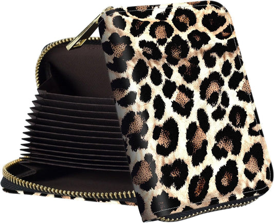 HOTWomens Card Wallet with Zipper, RFID Blocking Small Credit Card Holder Case, PU Leather Accordion Card Wallet for Women, Compact Travel ID & Cash Organizer, Leopard Print 02