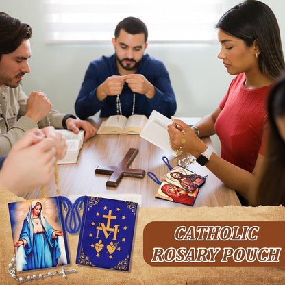 HOTRemuuly 12 Sets Catholic Rosary Pouch with Wood Catholic Rope Rosary 4.9'' x 3.5'' Coin Purse Holder Bag with Zipper for Prayer Storage Small Religious Keepsake Gift First Communion Baptism Gift
