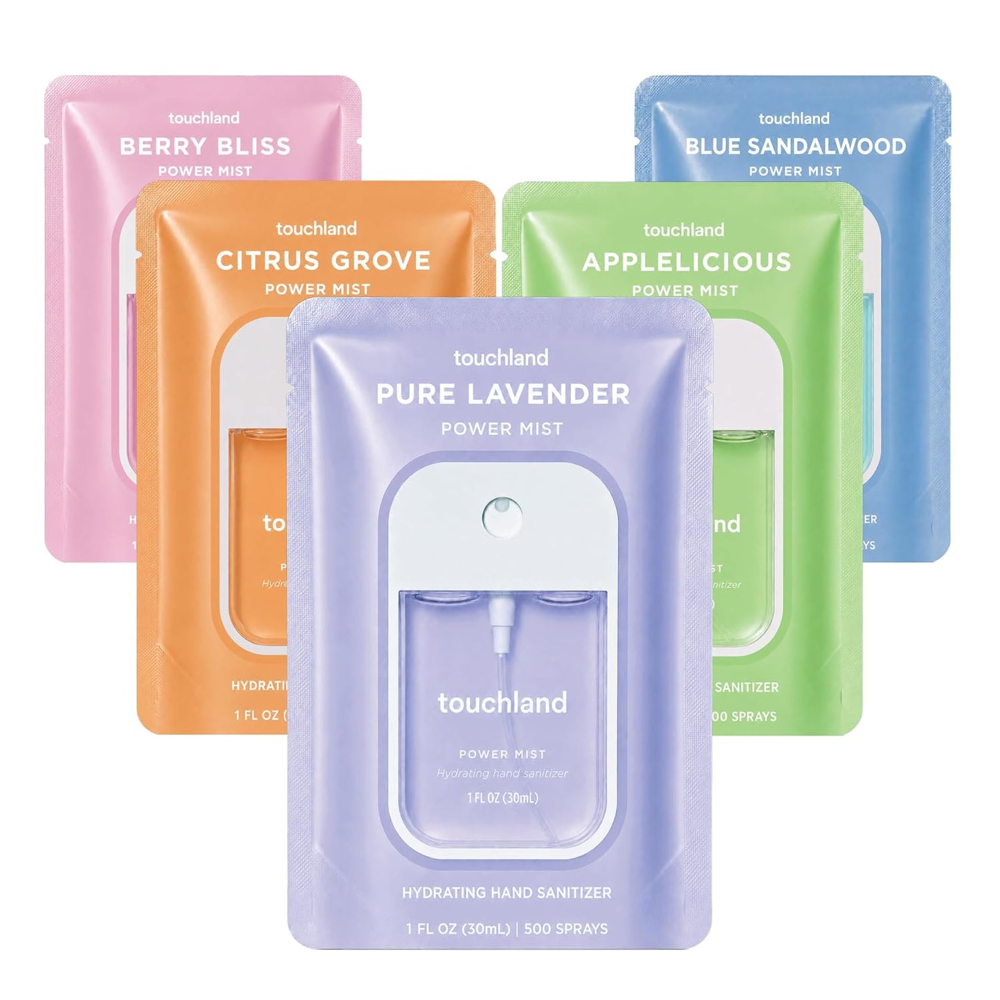 HOTTouchland Top 5 Hydrating Hand Sanitizer Spray Set Travel Size | TSA ready Power Mist with skincare benefits. Applelicious, Berry Bliss, Blue Sandalwood, Citrus Grove and Pure Lavender
