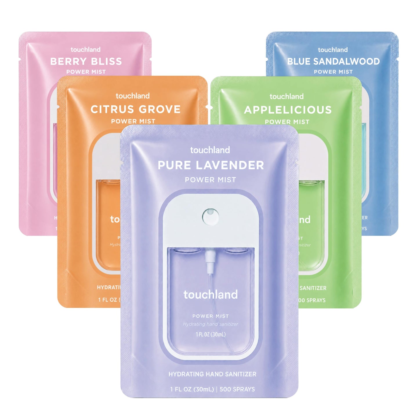 HOTTouchland Top 5 Hydrating Hand Sanitizer Spray Set Travel Size | TSA ready Power Mist with skincare benefits. Applelicious, Berry Bliss, Blue Sandalwood, Citrus Grove and Pure Lavender