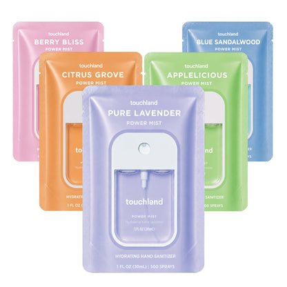 HOTTouchland Top 5 Hydrating Hand Sanitizer Spray Set Travel Size | TSA ready Power Mist with skincare benefits. Applelicious, Berry Bliss, Blue Sandalwood, Citrus Grove and Pure Lavender