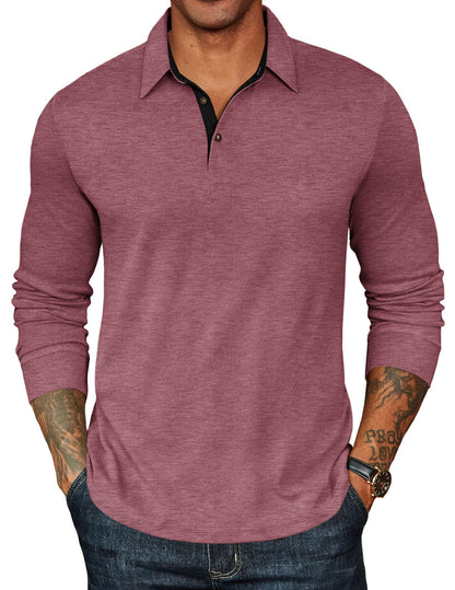 HOTCOOFANDY Mens Long Sleeve Polo Shirts Classic CasualButton Collared PoloTee