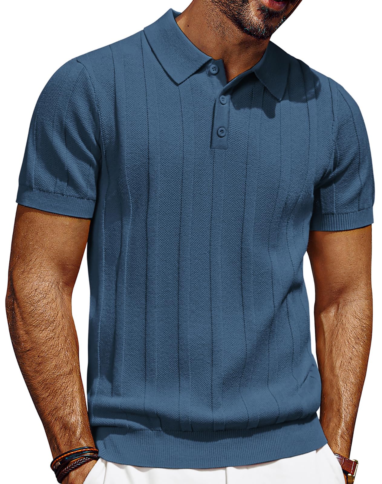 HOTPJ PAUL JONES Mens Polo Shirts Short Sleeve Textured Knit Polo Shirt Ribbed Casual Golf Shirts