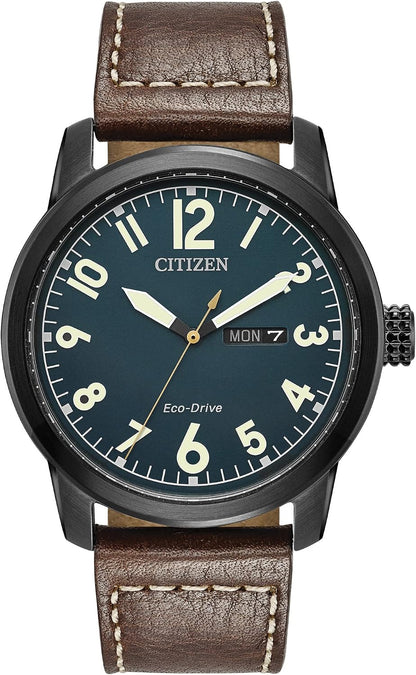 HOTCitizen Men's Eco-Drive Weekender Garrison Field Watch in Black Ion Plating Stainless Steel with Brown Leather Strap, Navy Dial (Model: BM8478-01L)