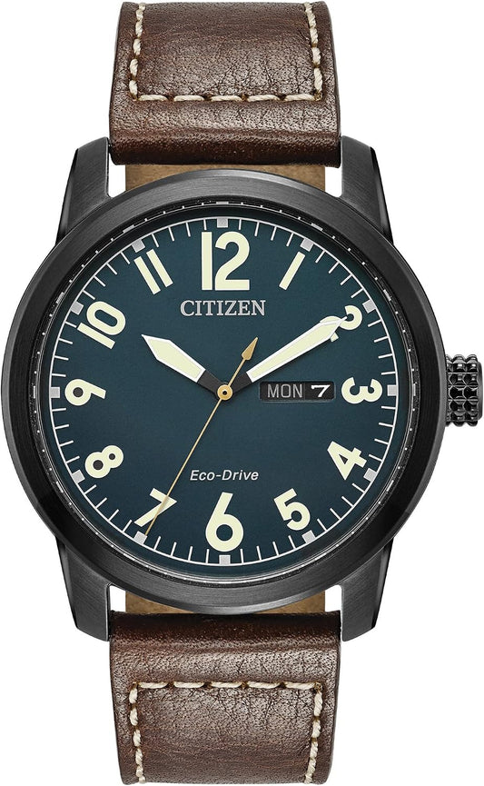 HOTCitizen Men's Eco-Drive Weekender Garrison Field Watch in Black Ion Plating Stainless Steel with Brown Leather Strap, Navy Dial (Model: BM8478-01L)