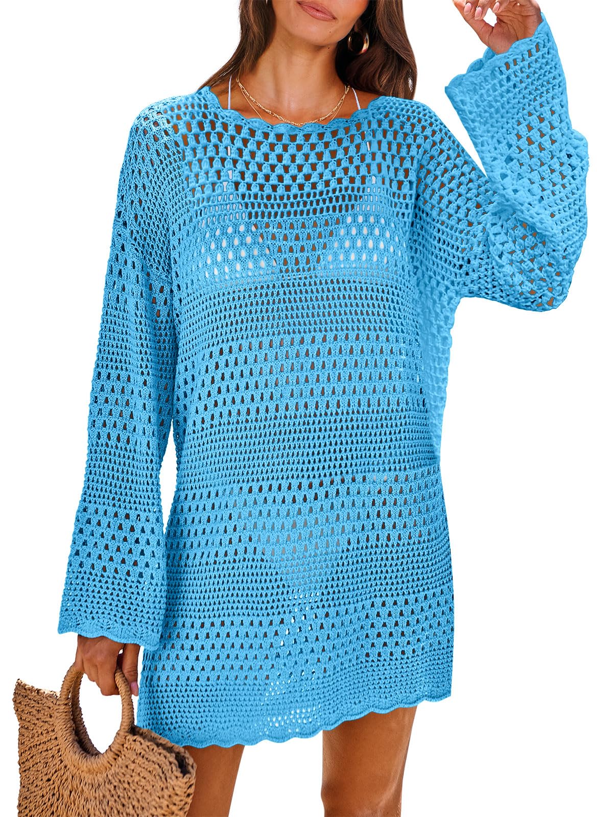 HOTANRABESS Women Swimsuit Crochet Swim Cover Up 2026 Summer Bathing Suit Swimwear Mesh Knit Beach Dress Vacation Outfits