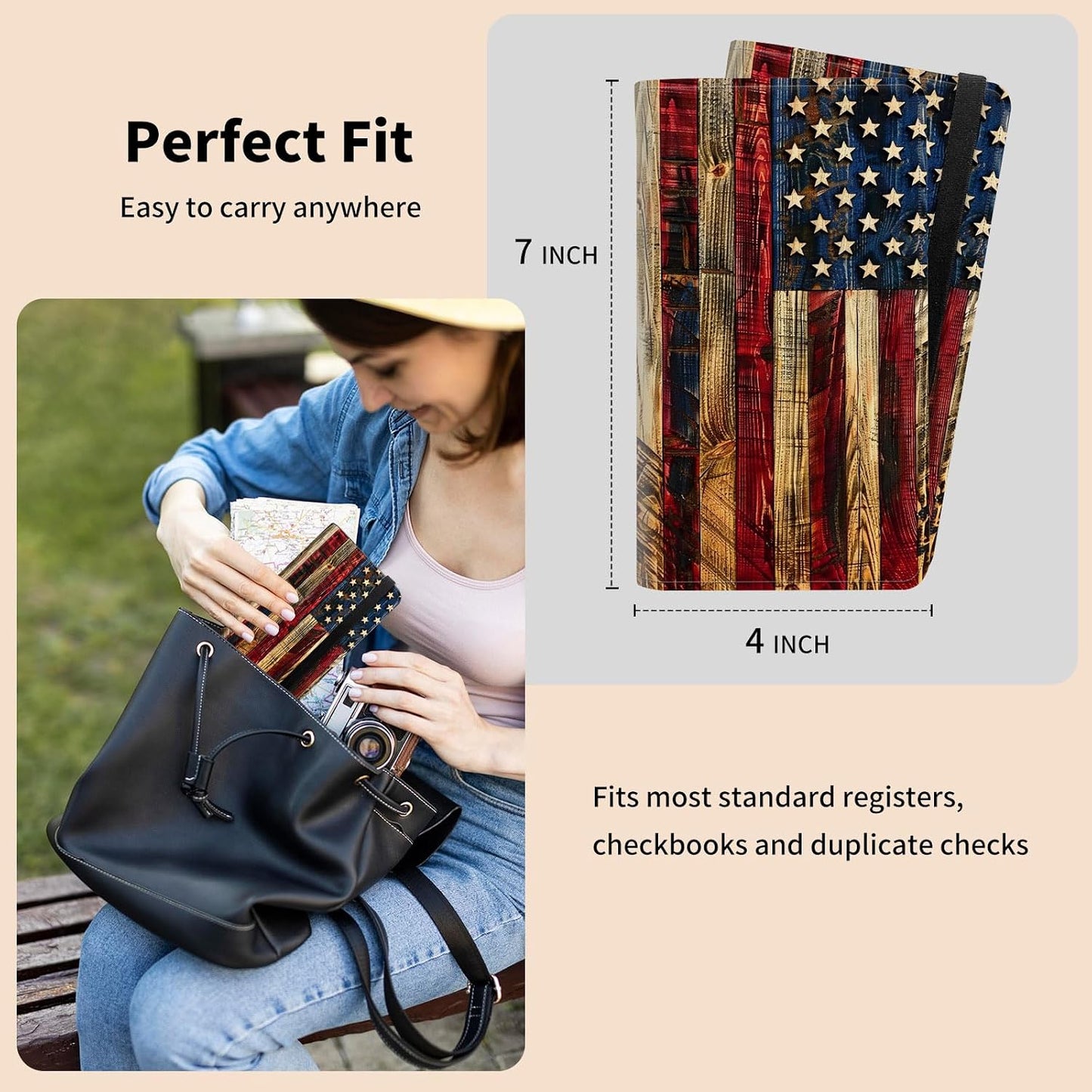 HOTLeather Checkbook Cover for Men Women Personal Checkbook Holder RFID Blocking Check Book Holder Cover for Duplicate Checks,with A Pen,American Flag Wood
