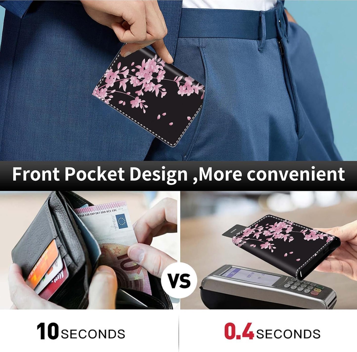 HOTPop Up Wallet Women Men with Money Slot,RFID Blocking Leather Minimalist Automatic Credit Card Holder Business Trifold Card Case-Cherry Blossoms