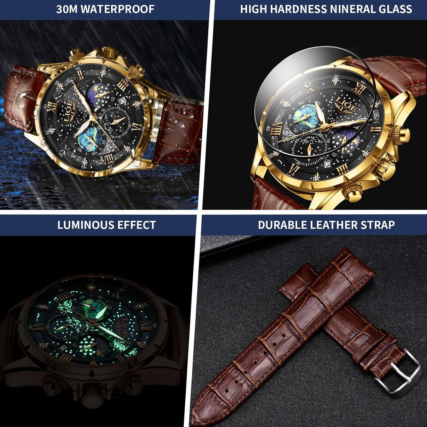 HOTLIGE Waterproof Watches for Men Analog Dress Water Proof Chronograph Work Casual Leather Water-Resistant Lunar Phase Display Quartz Wristwatch with Date & Luminous Men's Wrist Watch