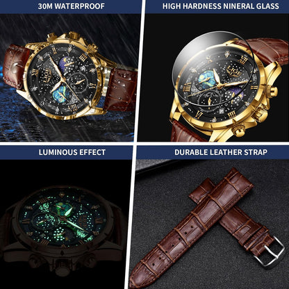 HOTLIGE Waterproof Watches for Men Analog Dress Water Proof Chronograph Work Casual Leather Water-Resistant Lunar Phase Display Quartz Wristwatch with Date & Luminous Men's Wrist Watch