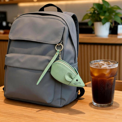 HOTLOGOFUN Mouse Coin Purse Coin Pouch Wallet with Zipper and Keychain Green | Genuine Leather, Soft, Cute Animal Shaped, For Women and Girls, For Bag Decoration