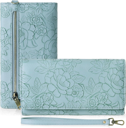 HOTGAEKEAO Wallets for Women Vegan Leather RFID Blocking Card Holder Trifold Ladies Long Purse Wristlet Clutch with 3 ID Windows