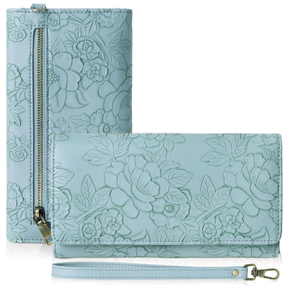 HOTGAEKEAO Wallets for Women Vegan Leather RFID Blocking Card Holder Trifold Ladies Long Purse Wristlet Clutch with 3 ID Windows