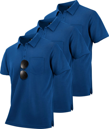 HOTZITY Men's 3 Pack Polo Shirts Short Sleeve with Pocket Moisture Wicking Casual Work Golf Lightweight Collared T-Shirts