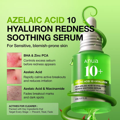HOTAnua Azelaic Acid 10 Hyaluron Redness Soothing Serum, Facial Serum for Blemish-Prone & Oily-Prone Skin, Lightweight & Hydrating Blemish Care, Hyaluronic Acid, Korean Skincare, 1.01 fl oz.