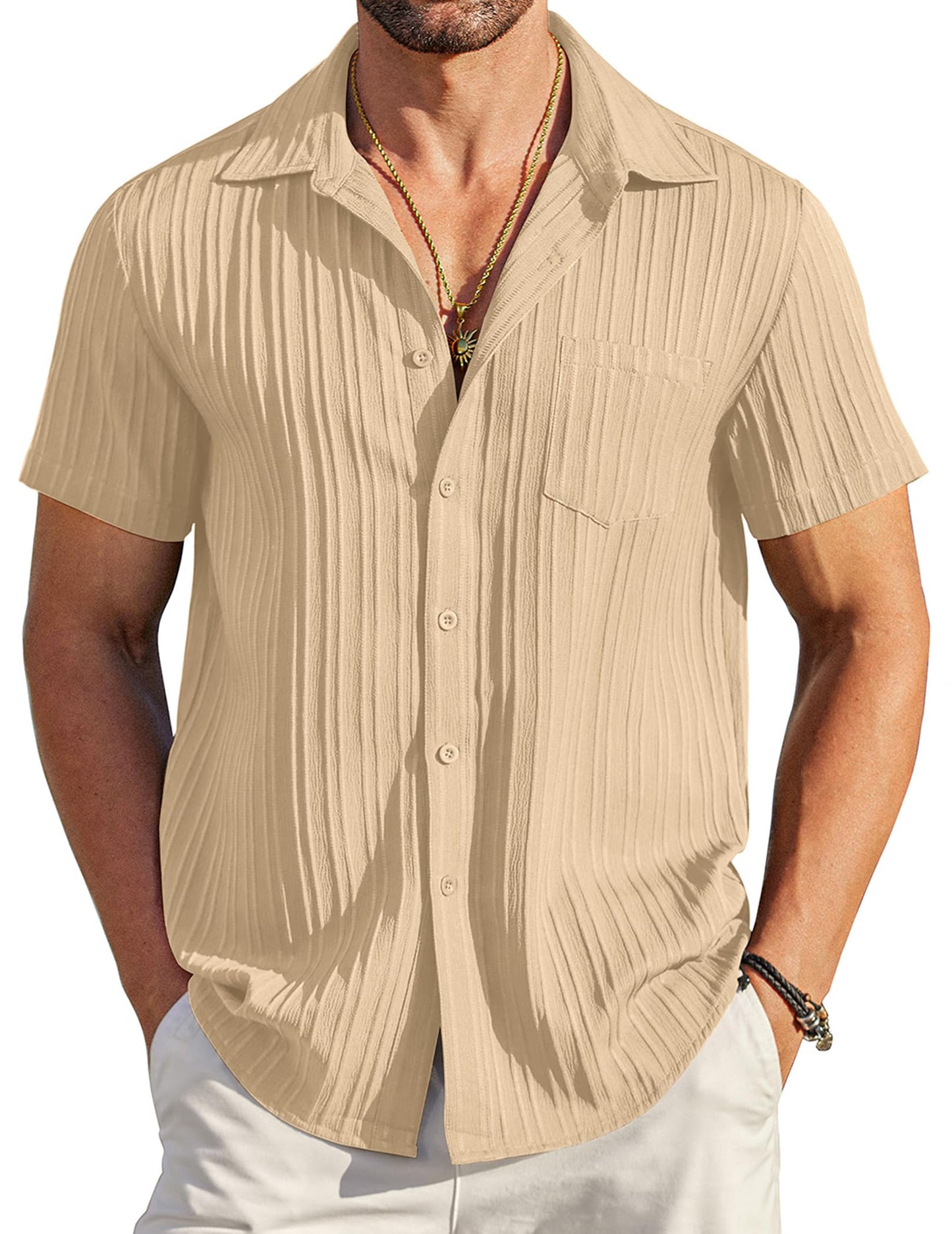 HOTCOOFANDY Men's Casual Button Down Shirts Short Sleeve Textured Summer Beach Shirt with Pocket