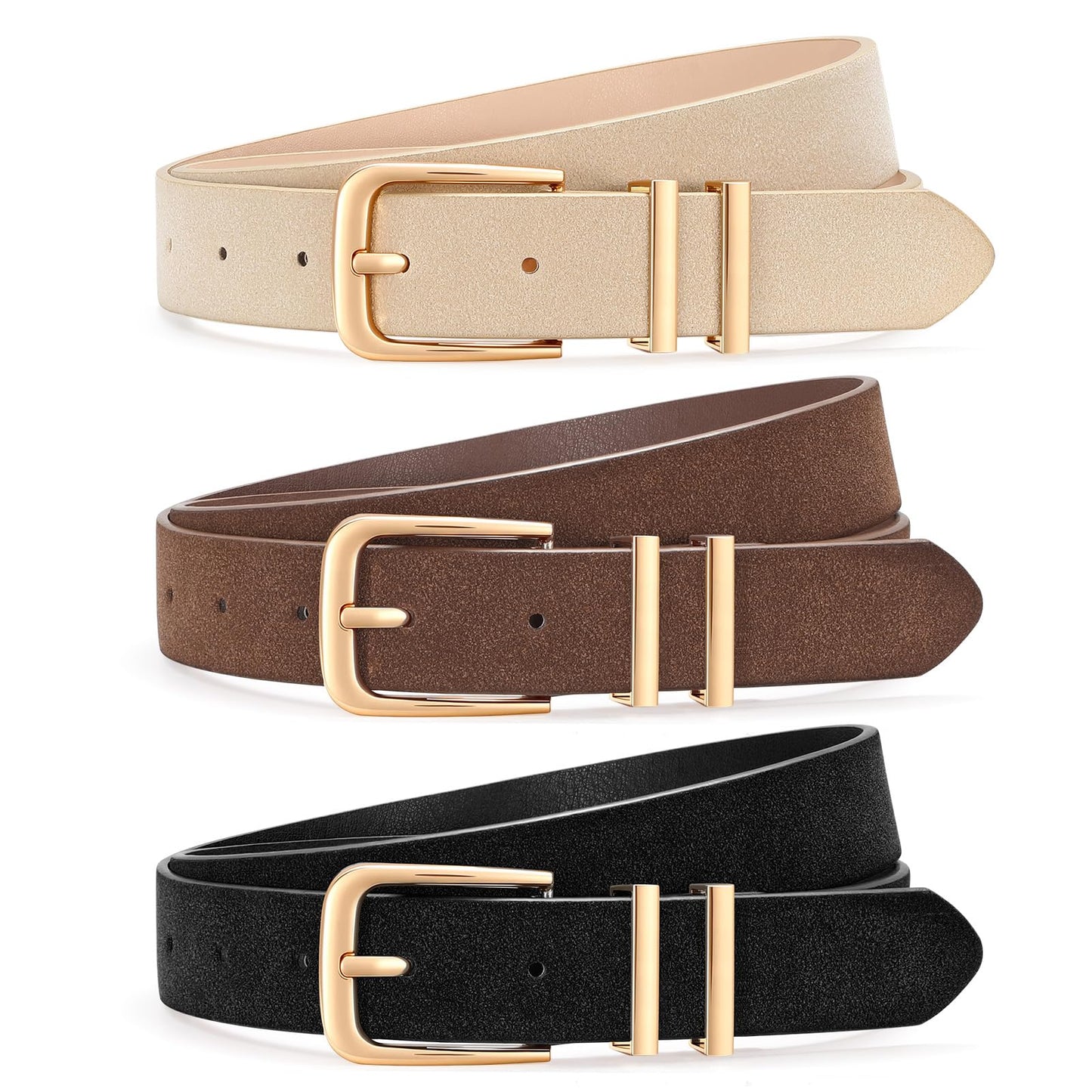 HOTLEACOOLKEY 3 Pack Women's Leather Belts for Jeans Dress Pants Fashion Ladies Leather Belts with Gold Buckle