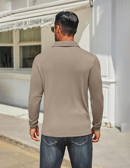 HOTCOOFANDY Mens Long Sleeve Polo Shirts Classic CasualButton Collared PoloTee