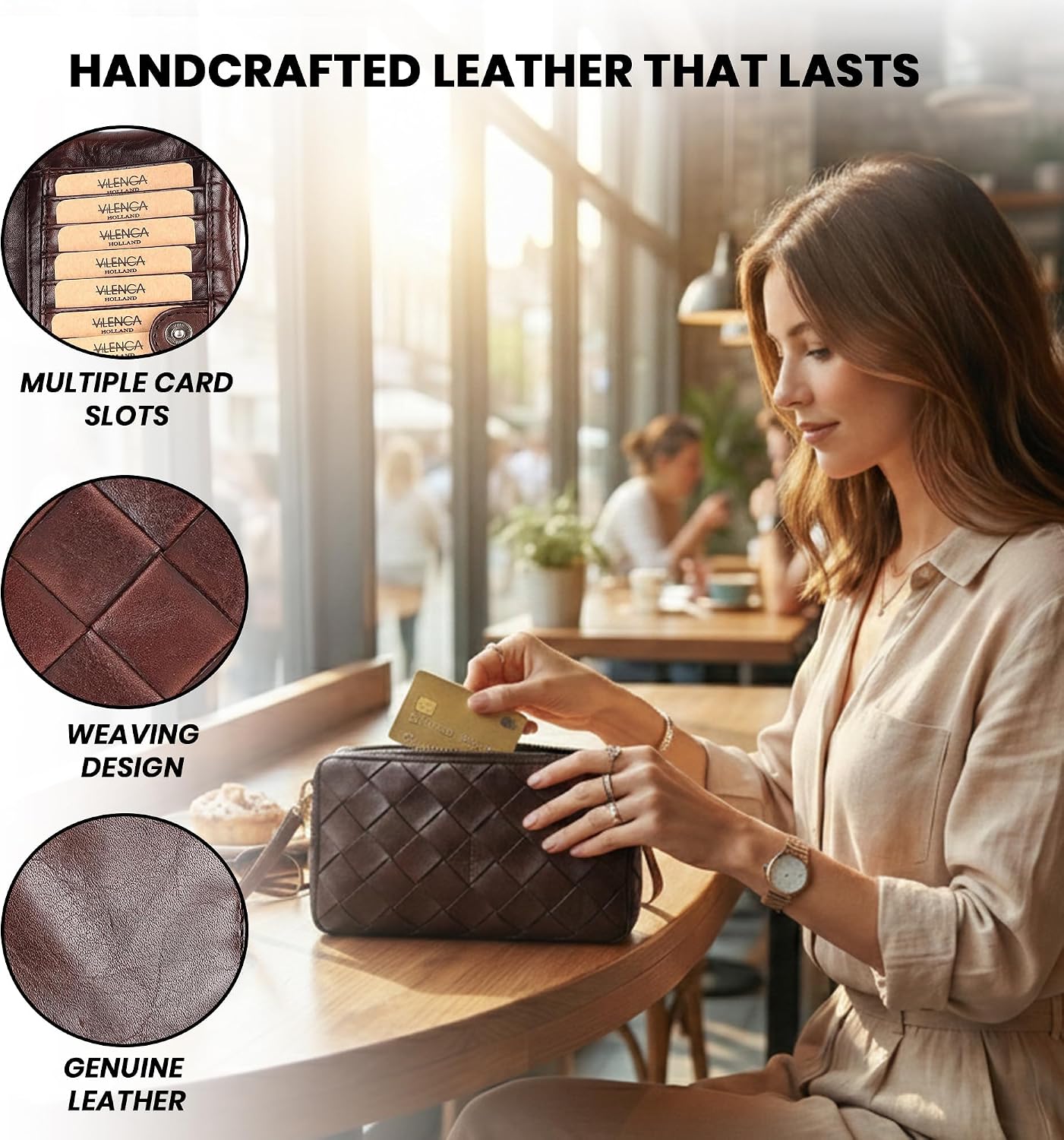 HOTGenuine Leather Wallets for Women, Small Wallet, Brown | Woven Leather Clutch Organizer, Zipper Coin Purse, Credit Card Holder with Strap, Multi Card Slots, Ladies, VL-167-BROWN