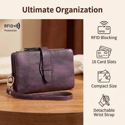 HOTSmall RFID Blocking Wristlet Wallet for Women – Soft PU Leather Bifold Trifold Wallet with 16 Card Slots, ID Window, Zipper Coin Pocket & Money Holder (Purple)