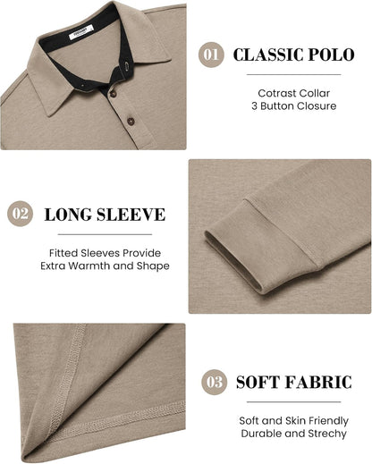 HOTCOOFANDY Mens Long Sleeve Polo Shirts Classic CasualButton Collared PoloTee