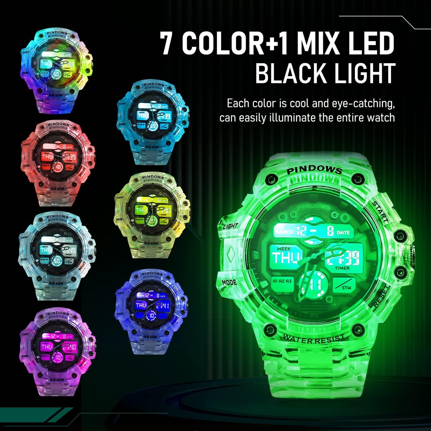 HOTPINIDOUS Mens Watch for Men Digital Sports Watch,7 Color LED Light Large Analog Digital Display Waterproof Watch with 3 Alarms/Countdown/Stopwatch/Dual Time Multi-Function Military Wrist Watches
