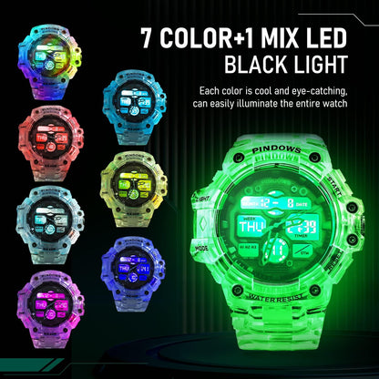 HOTPINIDOUS Mens Watch for Men Digital Sports Watch,7 Color LED Light Large Analog Digital Display Waterproof Watch with 3 Alarms/Countdown/Stopwatch/Dual Time Multi-Function Military Wrist Watches