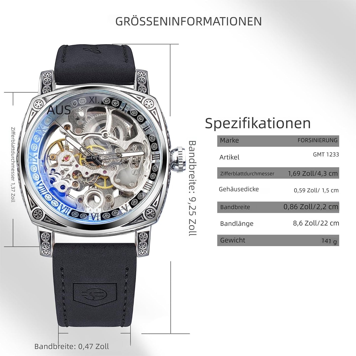 HOTFORSINING Watches for Man, Square Retro Mechanical Watch Self-Wind Carved, Skeleton Automatic Watches Vintage Leather Strap Wristwatch