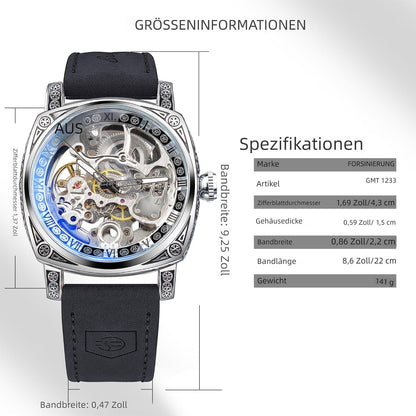 HOTFORSINING Watches for Man, Square Retro Mechanical Watch Self-Wind Carved, Skeleton Automatic Watches Vintage Leather Strap Wristwatch