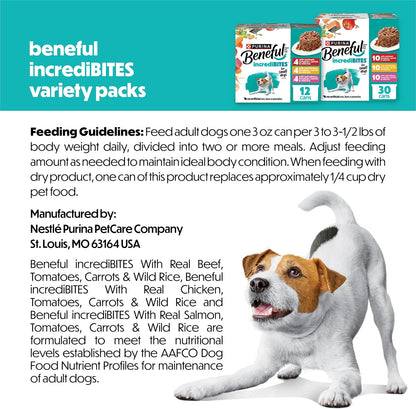 HOTBeneful Purina Small Breed Wet Dog Food Variety Pack, IncrediBites With Real Beef, Chicken and Salmon - (Pack of 30) 3 Oz. Cans