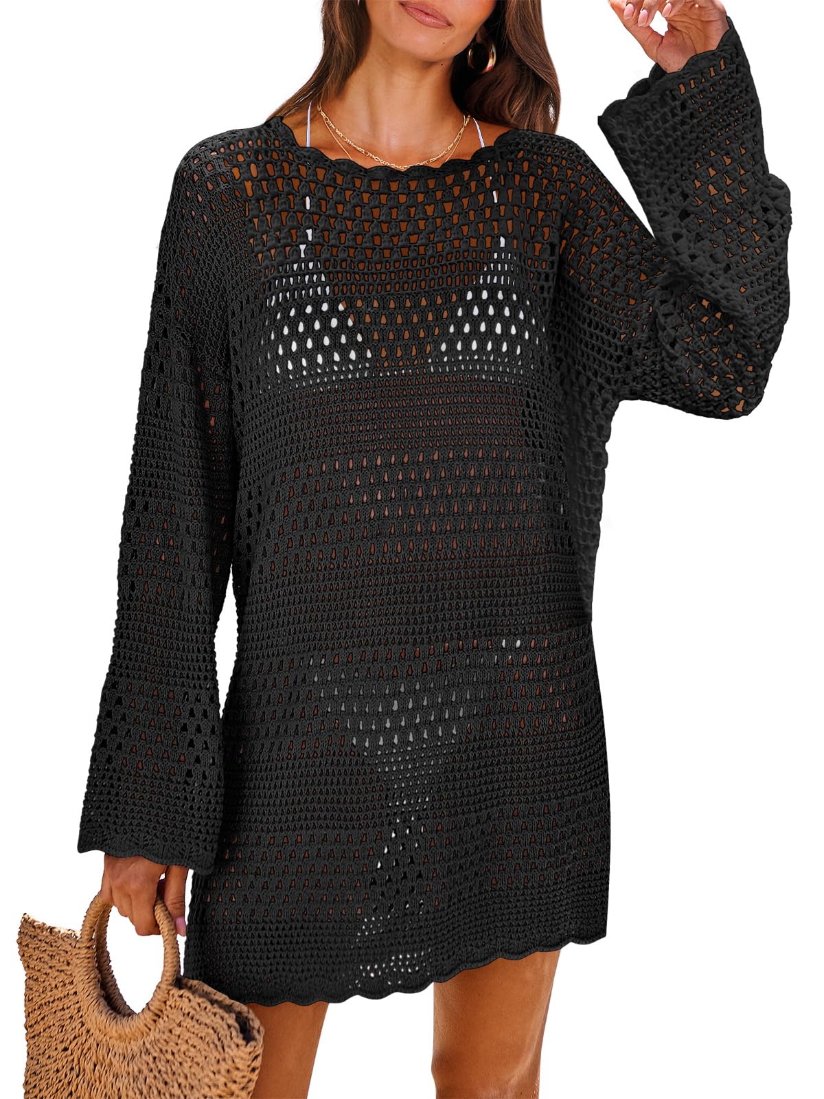 HOTANRABESS Women Swimsuit Crochet Swim Cover Up 2026 Summer Bathing Suit Swimwear Mesh Knit Beach Dress Vacation Outfits