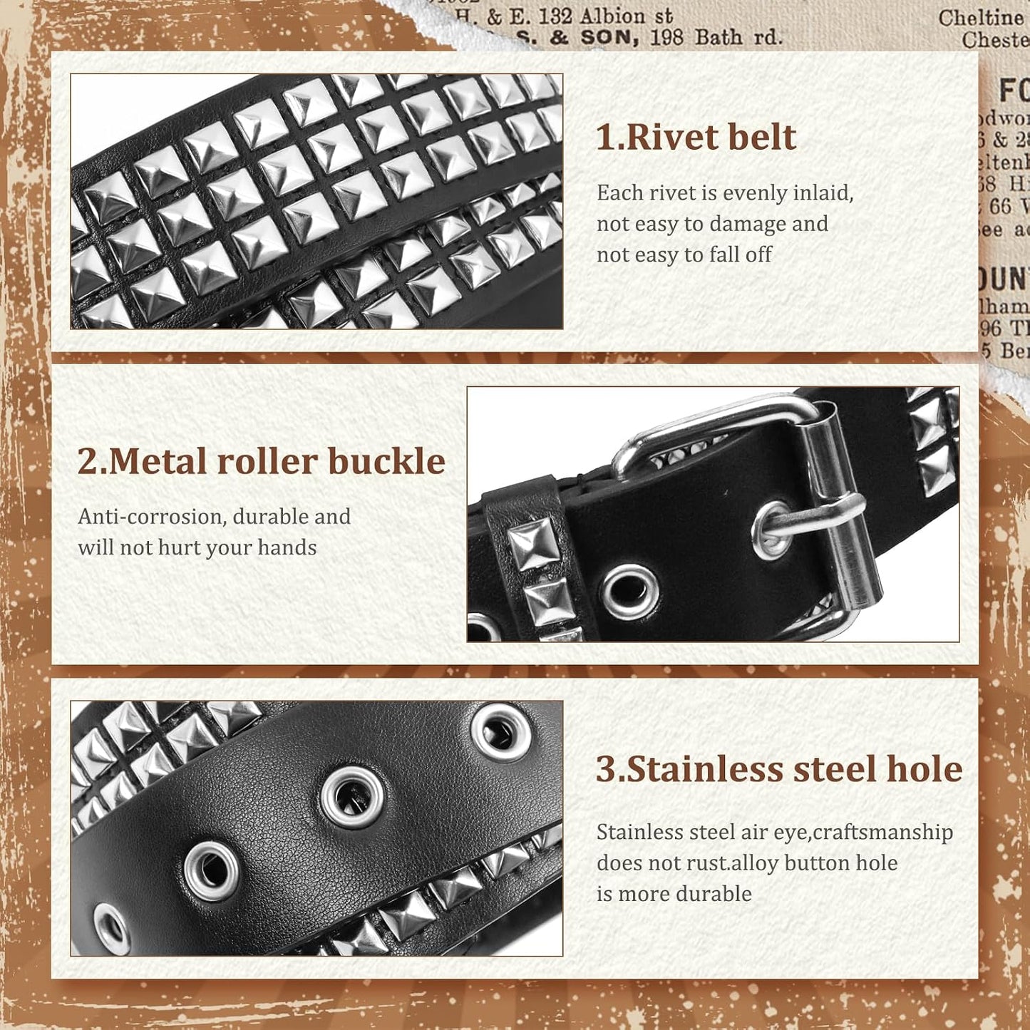 HOT3 Pcs White Black Studded Belt, Y2K Belt Goth Emo Punk Rock with Grommet Bright Metal Pyramid for Women Men