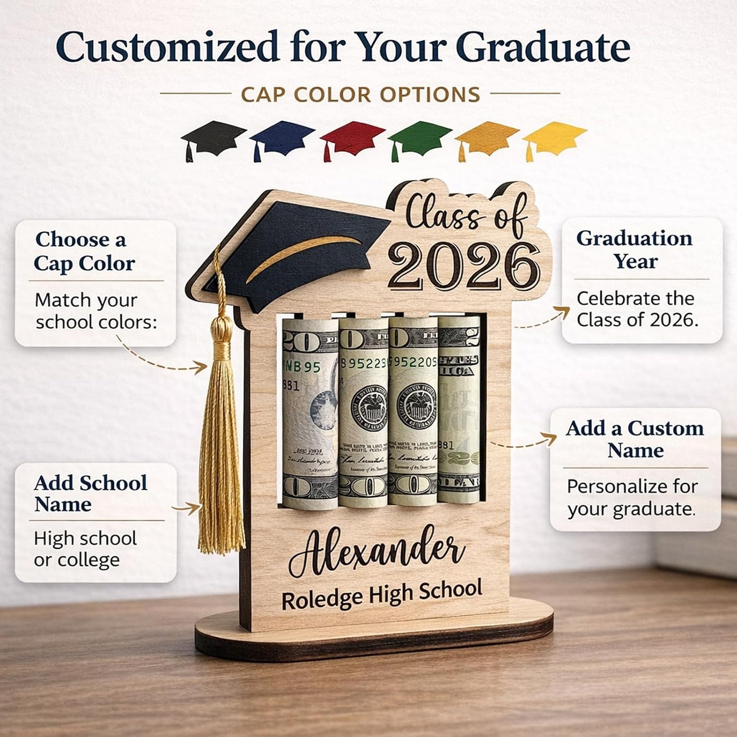 HOTPersonalized Graduation Gifts Class of 2026 Money Holder - Custom Name & School Graduation Money Gift Holder for Him Her, Senior Wooden Cash Display Standing Scroll Holder, Unique Graduate Keepsake
