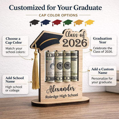 HOTPersonalized Graduation Gifts Class of 2026 Money Holder - Custom Name & School Graduation Money Gift Holder for Him Her, Senior Wooden Cash Display Standing Scroll Holder, Unique Graduate Keepsake
