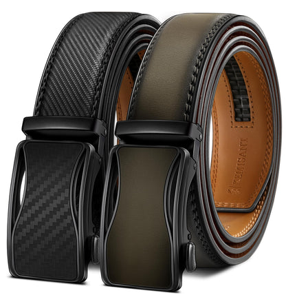 HOTKEMISANT Men's Ratchet Leather Belt 2Pack-Trimmable 1 3/8“-Gift Boxed | Smooth Sliding | Micro Adjustable Fit | Tailored Size | Holeless Understated Elegance