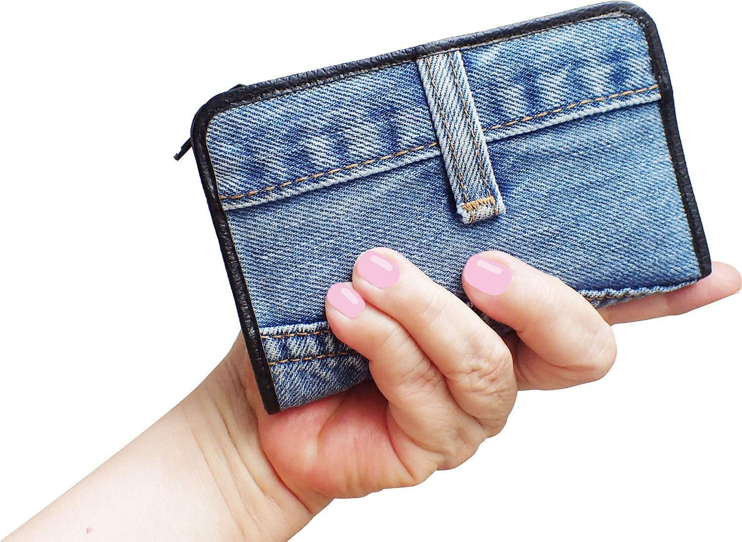 HOTUpcycling Blue Denim Bifold Money Zip Coin Card Holder Organizer Compact Wallet for Women