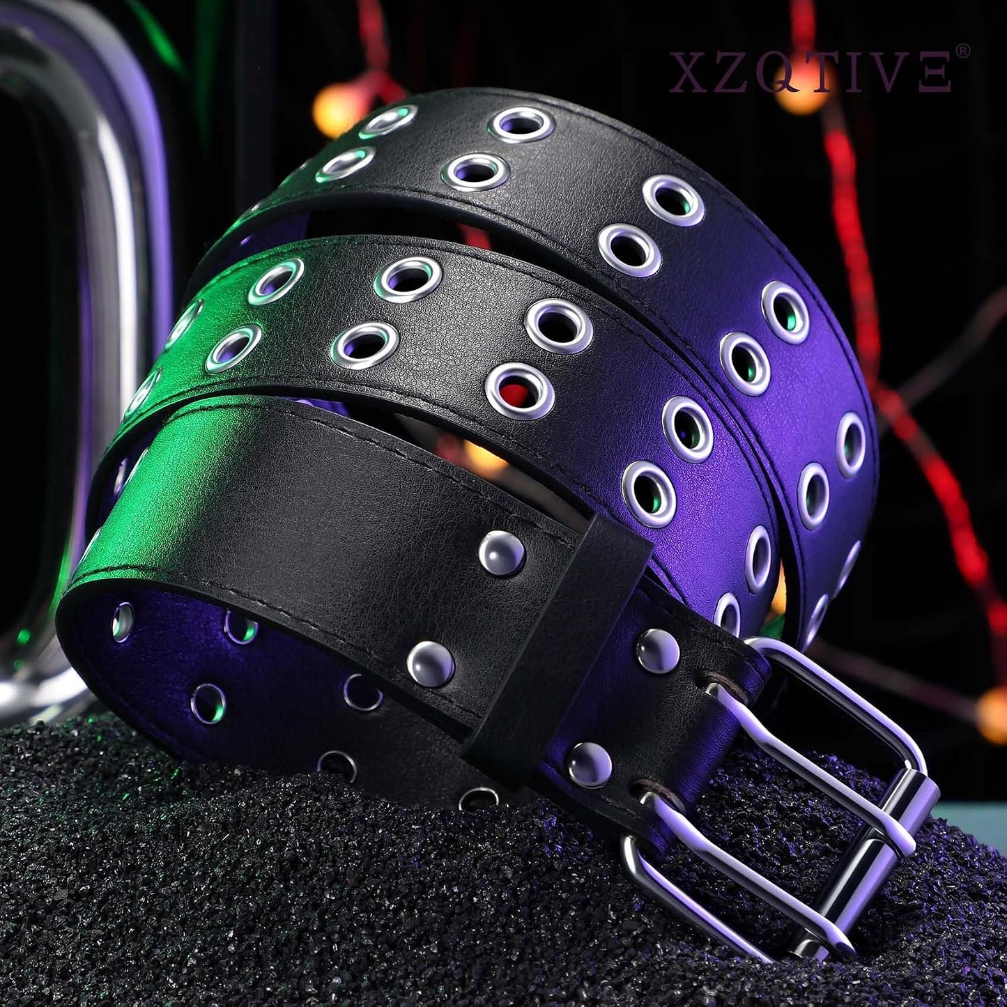 HOTXZQTIVE Double Grommet PU Leather Belt for Women Men Punk metal Jean Belt Wide 1.5 Inch