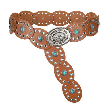 HOTTRIWORKS Western Belts for Women Wide Cowgirl Disc Belt with Turquoise Boho Concho Leather Belt Country Belt for Dress