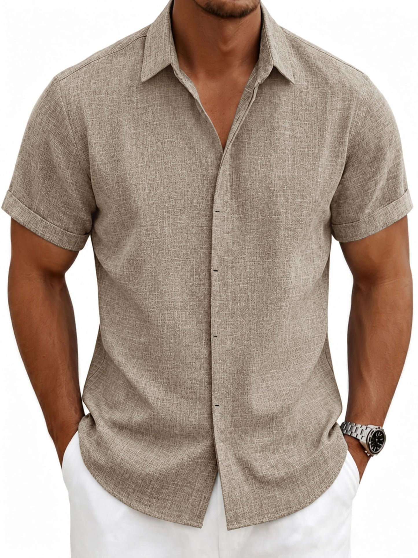 HOTMens Linen Shirts Short Sleeve Casual Shirt Button Down Summer Beach Vacation Tops Men Casual Dress Shirts Breathable