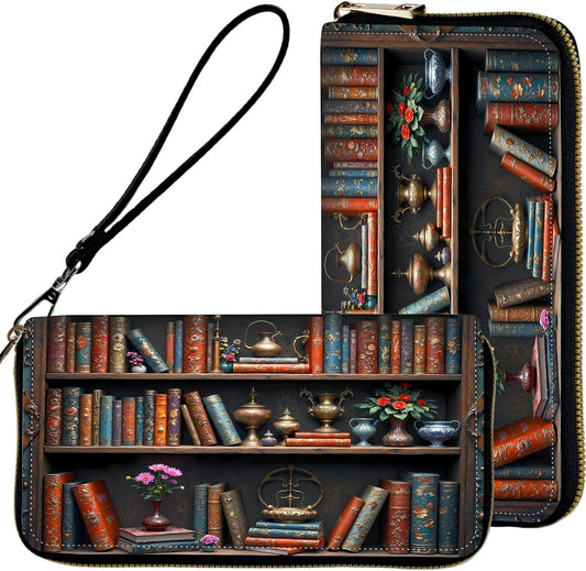 HOTWristlet Wallets for Women,Ladies Women's Wallet,Clutch Purses for Female Leather Large Capacity Credit Card Holder with Zipper Slim Cute Coin Pocket,RFID Blocking,Vintage Bookshelf